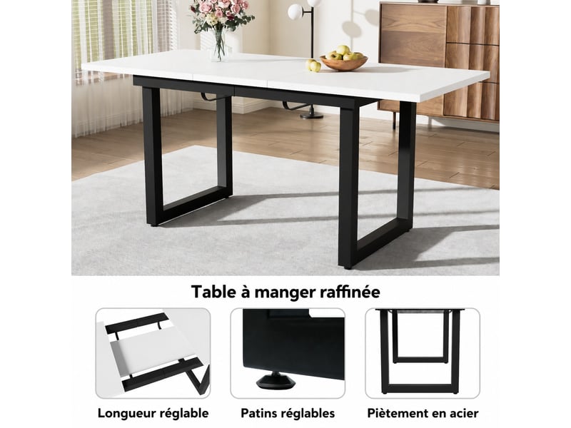  Table à manger extensible 140180 x 80 x 75 cm, plateau mdf blanc, pieds métal noir, 6 à 8 personnes  - Conforama E