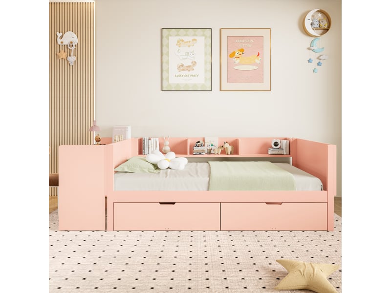  Lit enfant 90x200 cm avec bureau, étagères et 2 tiroirs rose  - Conforama D