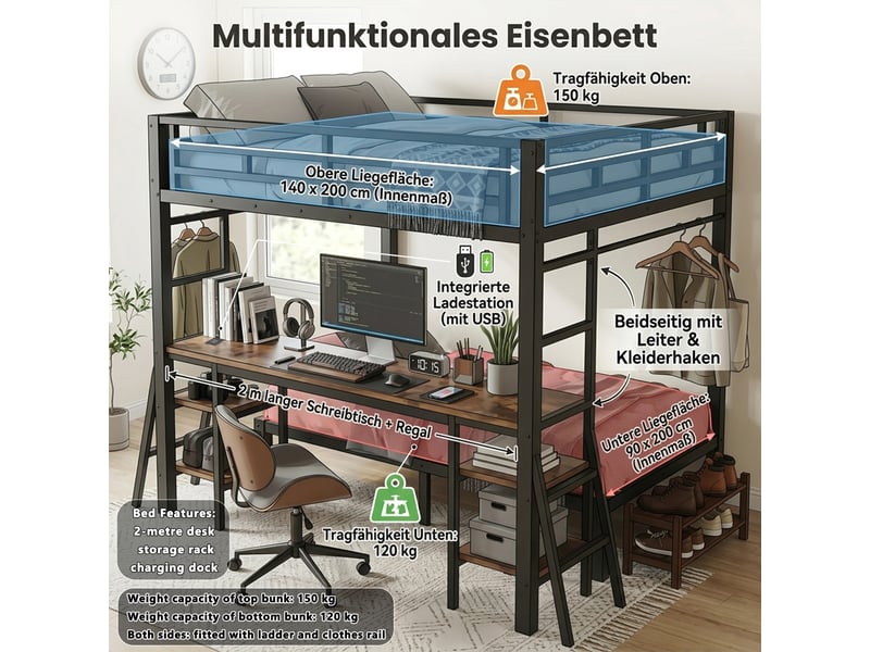  Lit superposé 140x200 + 90x200 cm en métal avec bureau, penderie, prises usb et échelle double face - noir  - Conforama E