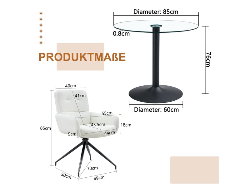 Ensemble repas élégant, table ronde en verre trempé base noire + 4 chaises pu blanches pivotantes 360° - Conforama C