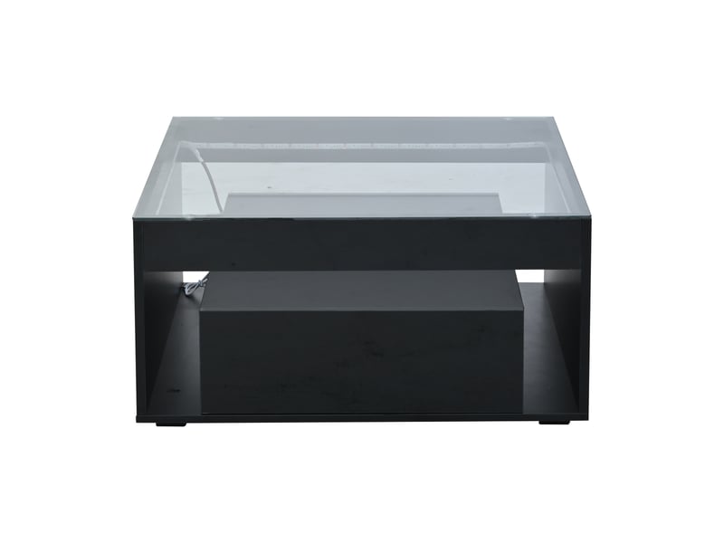 Table basse 70 x 70 x 35 cm, table d'appoint avec 2 tiroirs, console, table basse laquée brillante, table de salon ajourée, bureau et table à manger en verre trempé avec éclairage led, noir - Conforama E