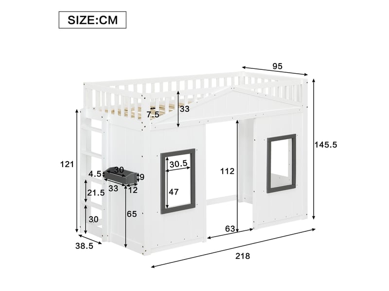  Lit superposé enfant 90 x 200 cm avec escalier, garde-corps, blanc et gris  - Conforama C