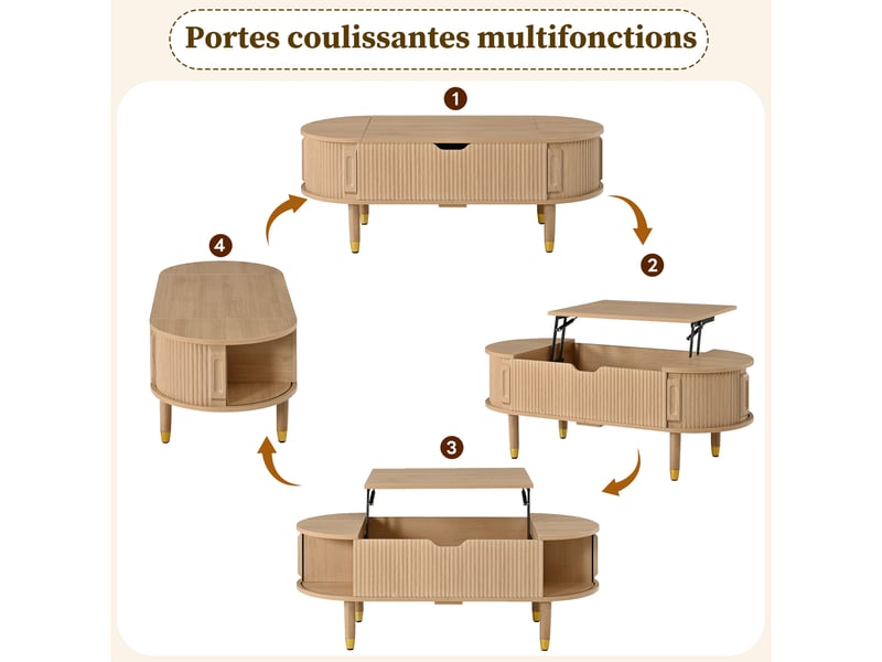  Table basse ovale avec plateau relevable 110x48x57 cm en mdf, rangement caché, portes coulissantes cannelées et pieds en bois - bois naturel  - Conforama E