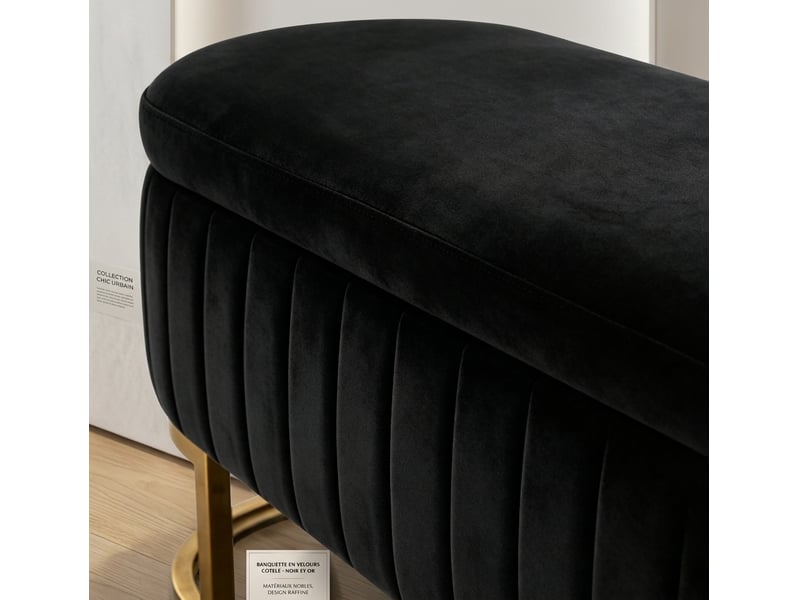  Banc de rangement noir 130 cm en velours avec coffre et pieds en métal doré  - Conforama D