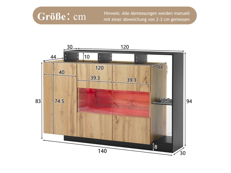  Buffet et enfilade led avec 2 portes, 5 niches et éclairage rgb réglable pour salon, mdf bois, 140 × 44 × 94 cm  - Conforama E