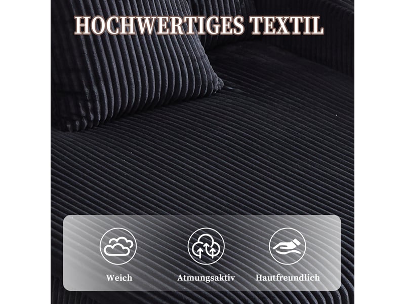  Fauteuil relax xxl avec led, ports usb, porte-gobelets, dossier ergonomique en velours côtelé noir, 142 × 128 × 85 cm  - Conforama E