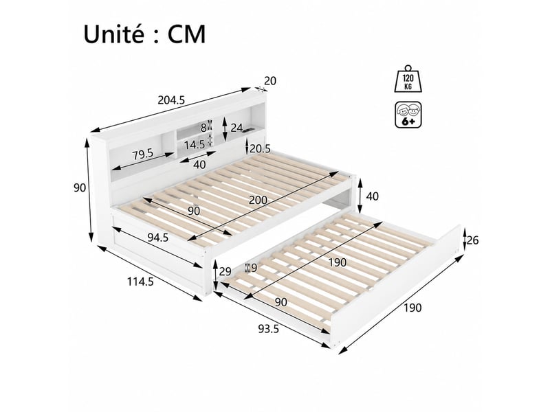  Lit gigogne 2 places avec éclairage led, prises, usb et rangements, 90x200 cm et 90x190 cm, sans matelas  - Conforama D