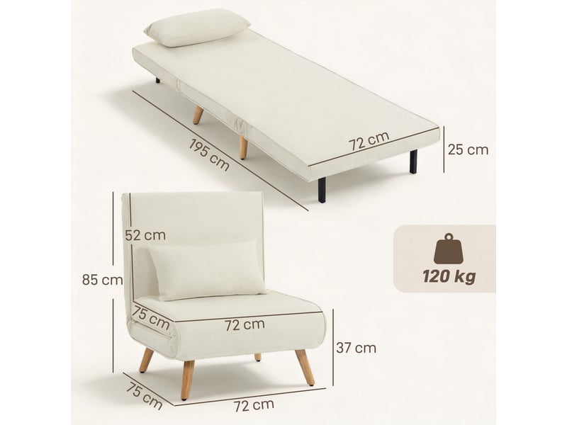 Fauteuil chauffeuse convertible 3 en 1 lit fauteuil lit 1 dossier place 5 positions en tissu avec coussin, crème - Conforama C