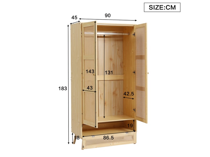Armoire 2 portes avec tringle, armoire à vêtements style rotin, rangement avec couvercle rabattable, naturel - Conforama C