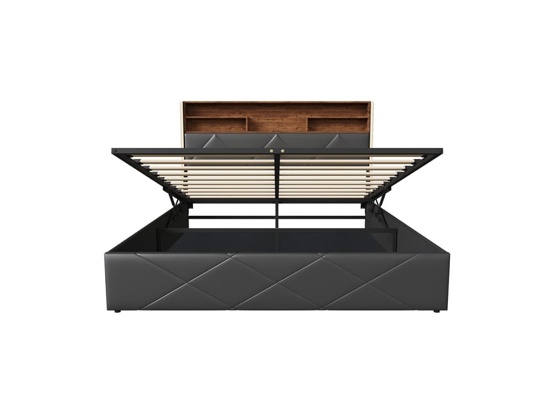  Lit coffre 140x200cm - lit double 140x200 - rembourré simili cuir avec étagère tête de lit, led latérales &amp; ports usb - noir  - Conforama A