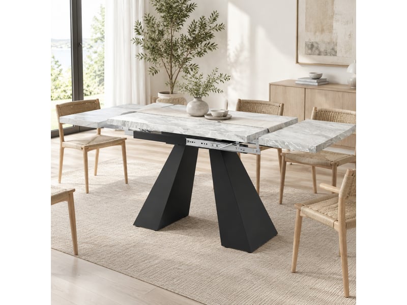 Table à manger extensible 99 à 159x74 cm, plateau effet marbre gris et pieds noirs - Conforama B