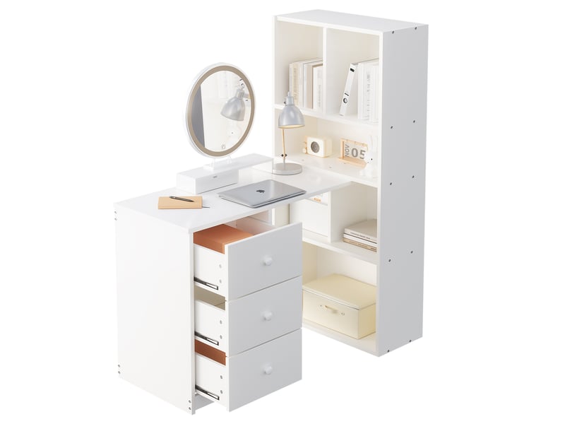  Bureau d'angle multifonction 117 × 63 × 135 cm blanc avec 4 compartiments, 3 tiroirs et bibliothèque intégrée  - Conforama E