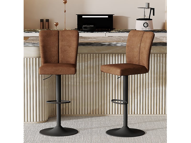  Tabouret de bar pivotant réglable en hauteur avec repose-pieds, en tissu technologique et métal marron noir  - Conforama B