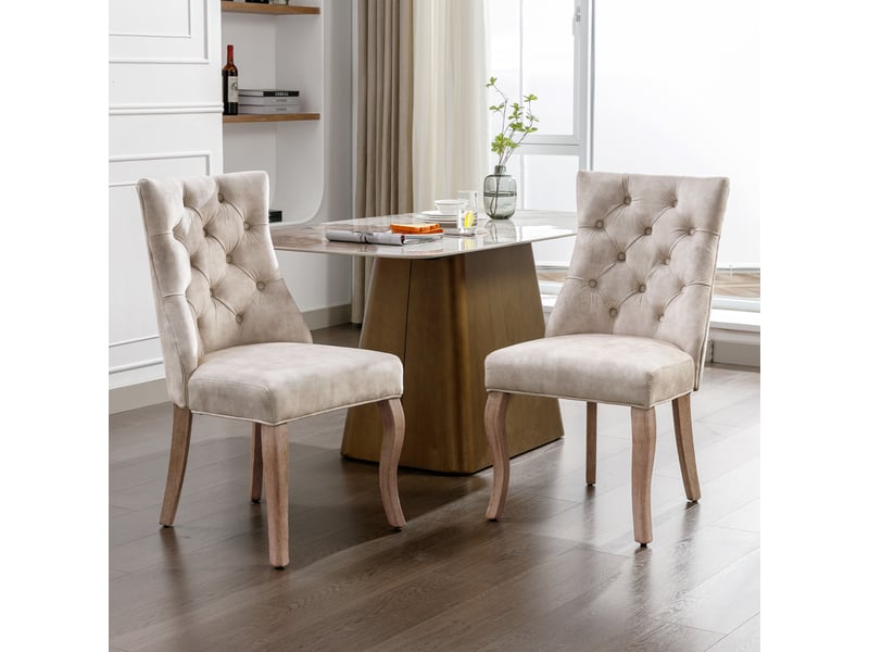  Lot de 2 chaises de salle à manger beige clair en velours, dossier capitonné, pieds en bois massif  - Conforama E