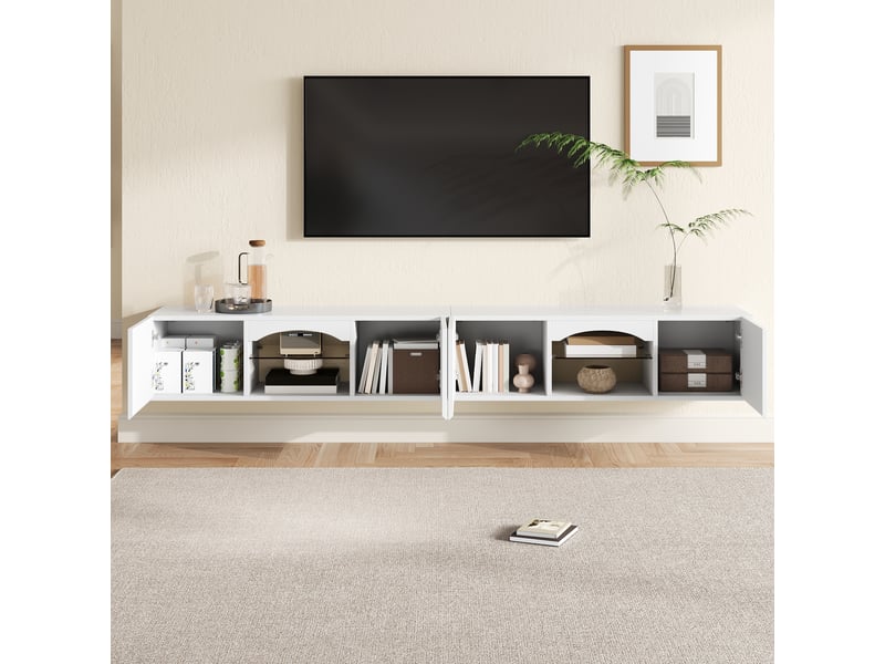  Meuble tv suspendu led 200 cm blanc brillant avec 4 portes et niches vitrées IKSETERA TRADING LTD - Conforama D