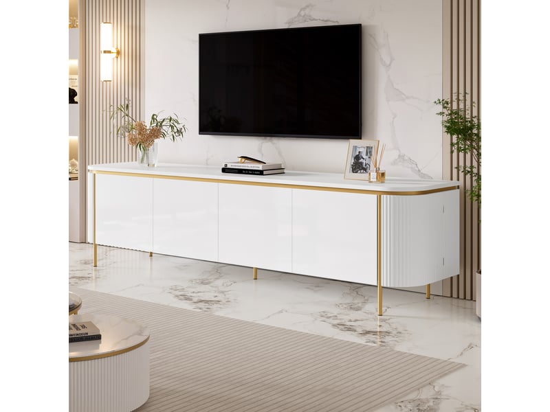  Meuble tv bas 180x38x46cm bords arrondis passe-câbles | style contemporain blanc liseré doré pieds métal | 6 portes charge 50kg - blanc  - Conforama C