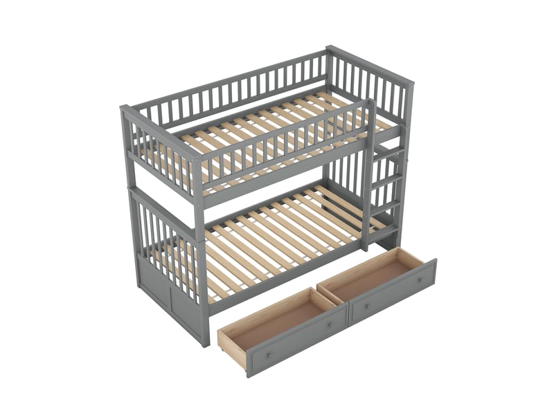 Lit superposé 90x200 cm avec 2 tiroirs, transformable en 2 lits, pin, gris, sans matelas - Conforama E