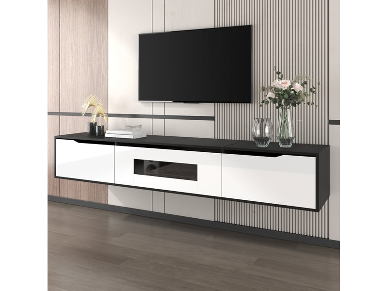 Meuble tv modenvie 180 x 35 x 30 cm noir et blanc led usb à poser ou mural - Conforama E