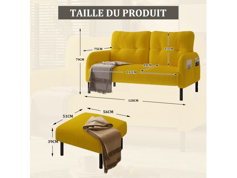  Canapé droit fixe 2 places en velours côtelé jaune, avec poche latérale et pieds métal, pour votre salon  - Conforama C