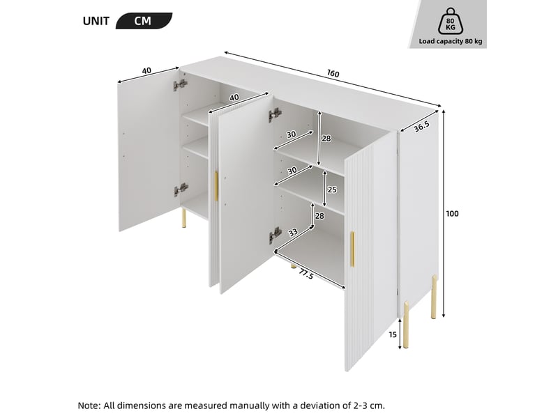  Buffet de rangement 4 portes blanc mat et doré – 160 x 35 x 100 cm  - Conforama C