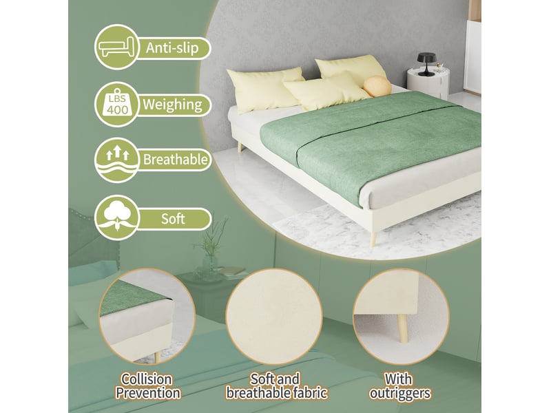  Lit simple 140 × 200 cm 2 places avec base basse, sans matelas, en tissu velours beige et structure métallique  - Conforama E