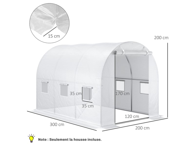  Bâche de rechange serre tunnel 6 m², bâche pe anti-uv imperméable 6 fenêtres + porte enroulable zippée blanc  - Conforama E