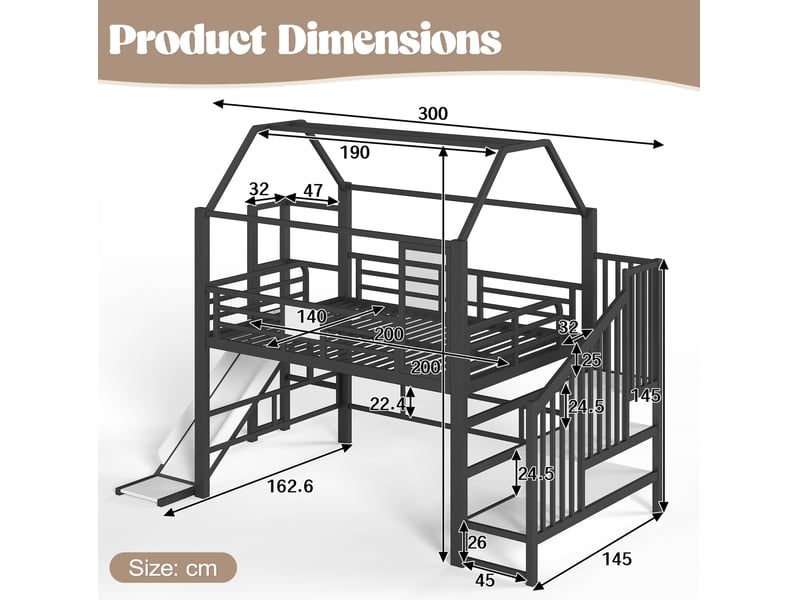 Lit mezzanine 140 × 200 cm enfant avec toboggan, escalier à rangements, éclairage led bluetooth, chambre, métal noir - Conforama C