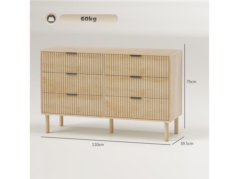  Commode en bois de style nordique à 6 tiroirs pour chambre et entrée, 120 x 39,5 x 75 cm, chêne  - Conforama E