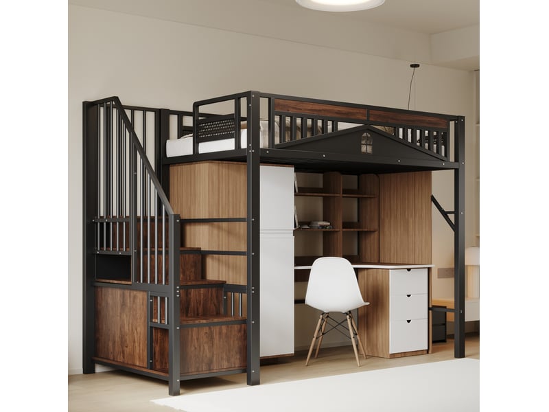  Lit mezzanine métal 90x200 cm marches-coffres armoire, barrière sécurité fenêtre patchwork, mdf, noir sans matelas  - Conforama W