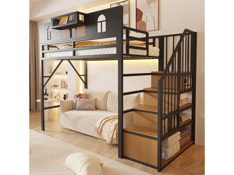 Lit mezzanine 90 x 200 cm, avec échelle et bande lumineuse, compartiments de rangement, structure métallique, noir - Conforama D
