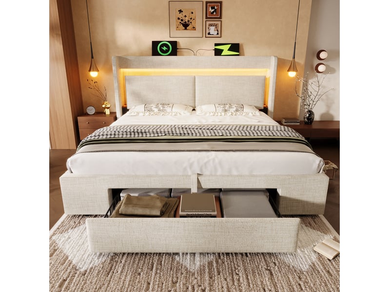  Lit coffre 140 × 200 cm 2 places avec led réglable, usb et usb-c, tiroir, matelas inclus, beige en lin  - Conforama C