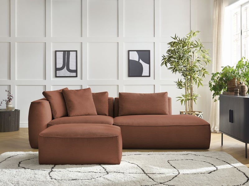  Bobochic canapé droit fixe 3 places leopold velours côtelé avec pouf orange  accoudoir gauche LEOPOLD - Conforama C