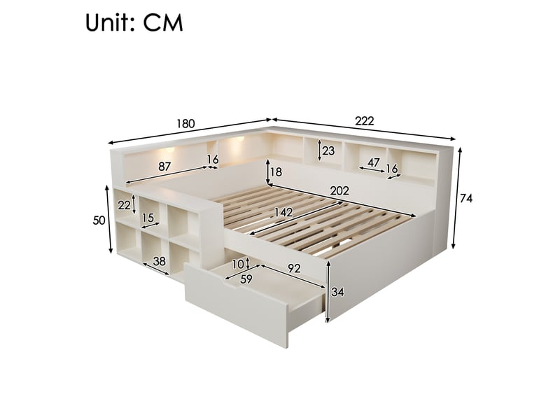  Lit banquette 140x200 cm avec rangement, led de lecture et ports usb-c, blanc, sans matelas  - Conforama C