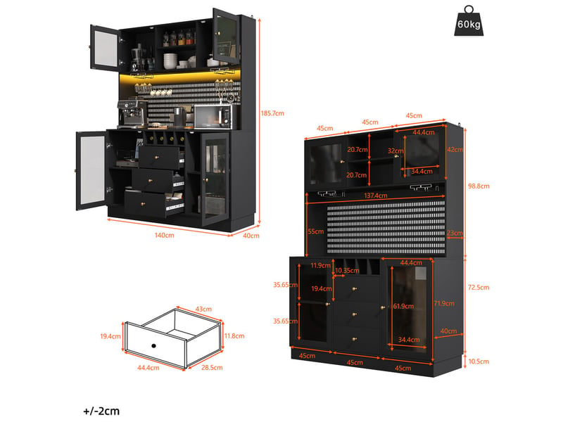 Buffet de cuisine, armoire haute noire, 4 portes & 3 tiroirs, avce éclairage led, porte-bouteilles vin  - Conforama C