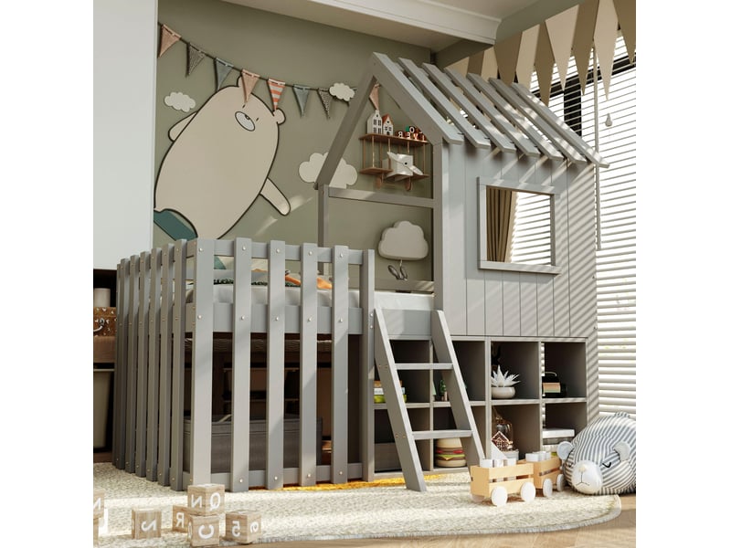  Lit mezzanine enfant cabane 90 x 200 cm avec toit, échelle et rangement gris  - Conforama B