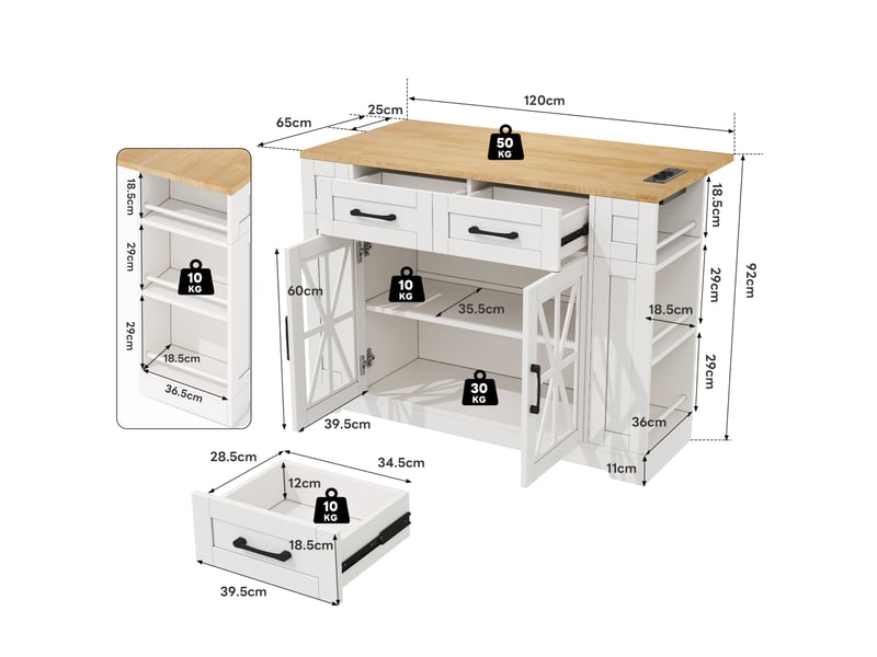 Îlot de cuisine mobile 120x40(65)x92 cm blanc et naturel avec table rabattable - Conforama C