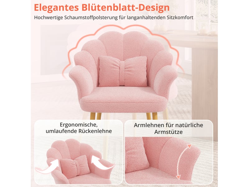  Lot de 2 fauteuils de salle à manger avec dossier pétale, accoudoirs et coussins, pieds en métal doré, tissu bouclette rose  - Conforama D