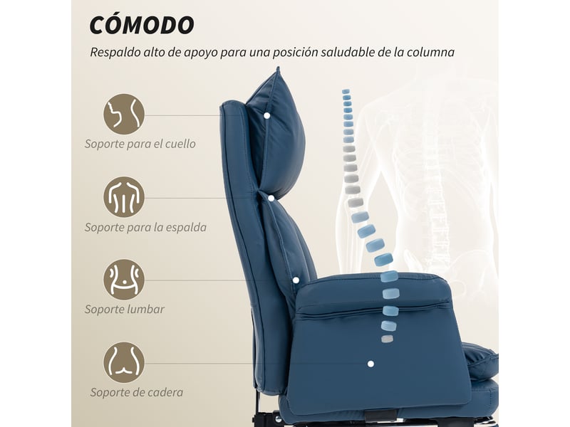 Chaise de bureau avec repose-pieds, dossier inclinable haut, rembourrage épais, revêtement en similicuir, roulettes, bleue - Conforama E