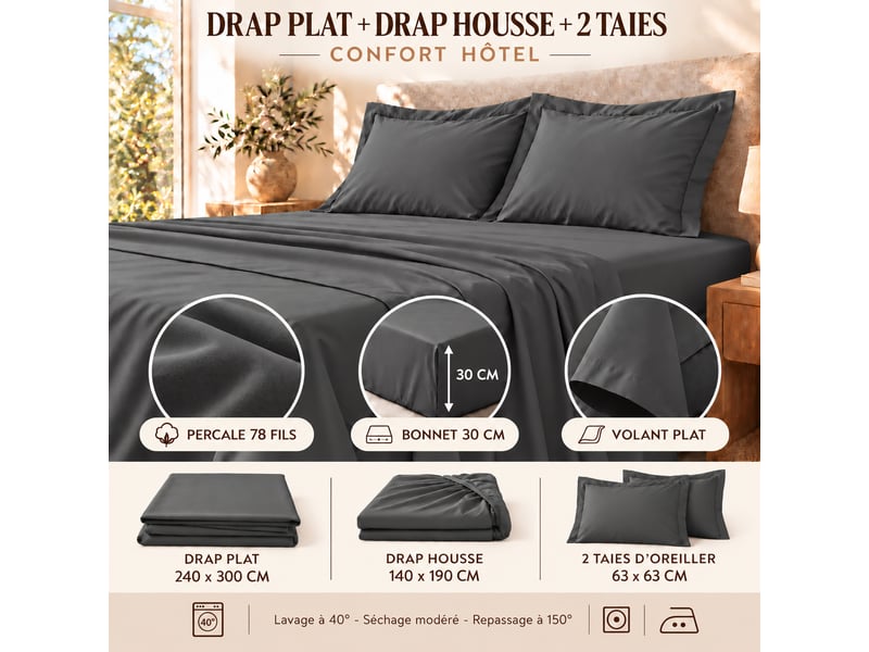  Ensemble literie 4 pièces drap plat 240 x 300 cm + drap housse 140x190 cm + 2 taies 63x63 cm percale 78 fils anthracite  - Conforama E