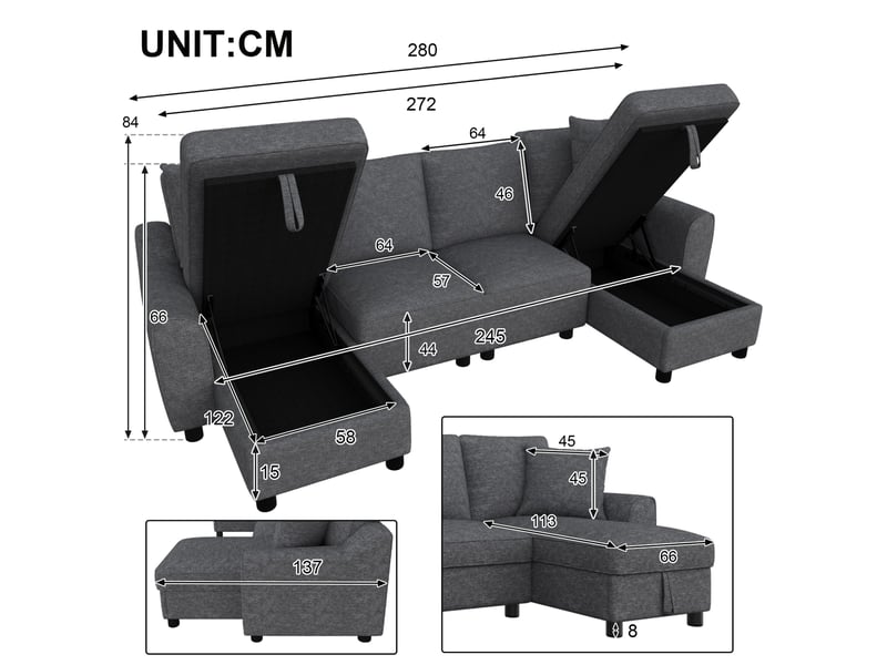 Canapé d'angle modulable en u modenvie 4 places en chenille avec 2 méridiennes et rangements gris 280 x 137 x 84 cm - Conforama C