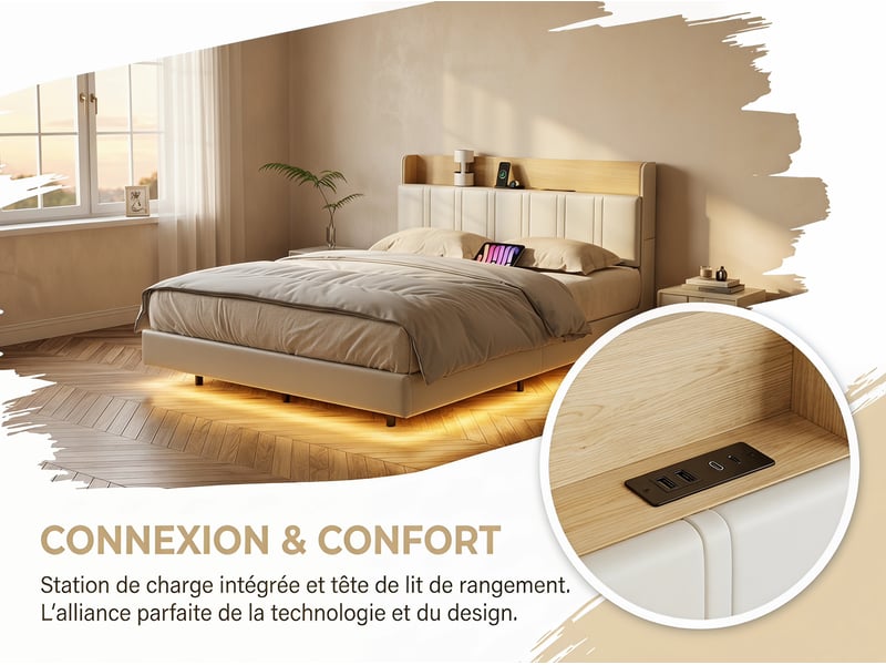  Lit 2 places 140x200 cm effet flottant avec led – cuir pu, tête de lit avec rangement et sommier à lattes  - Conforama D