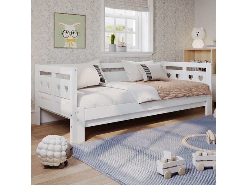  Lit gigogne 90x190 cm, rangement sous-lit et 2e couchage, en bois, blanc, sans matelas  - Conforama B