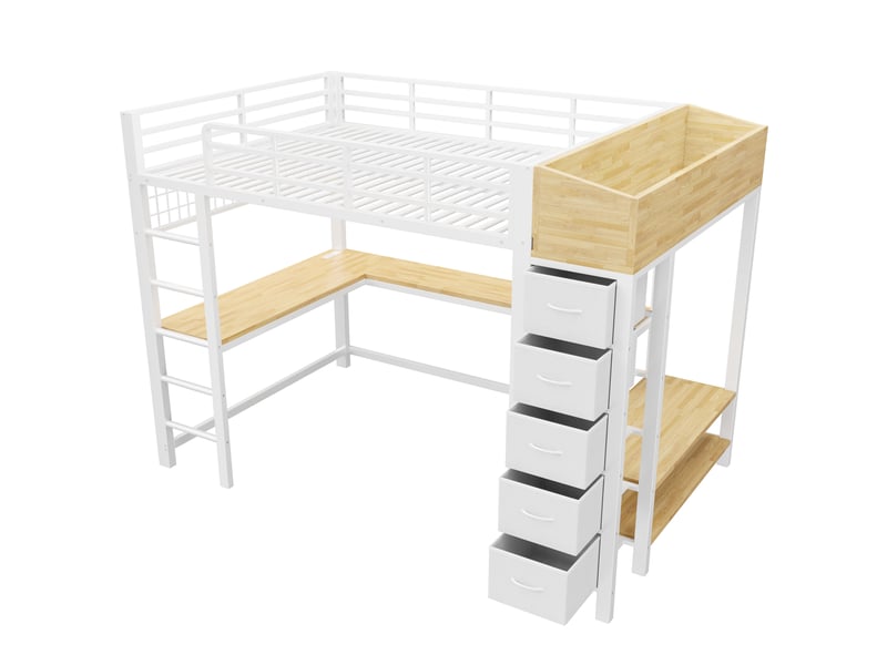 Lit mezzanine en métal 140×200 cm – inclut des prises électriques – équipé de ports usb et type-c – doté d’un ruban lumineux led – comprend 5 tiroirs en tissu – blanc (matelas non inclus)  - Conforama W