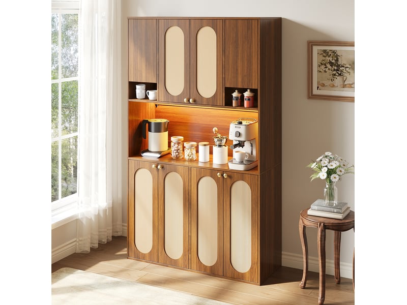 Armoire haute 8 portes avec bar led réglable, mdf et rotin pe, naturel - Conforama D