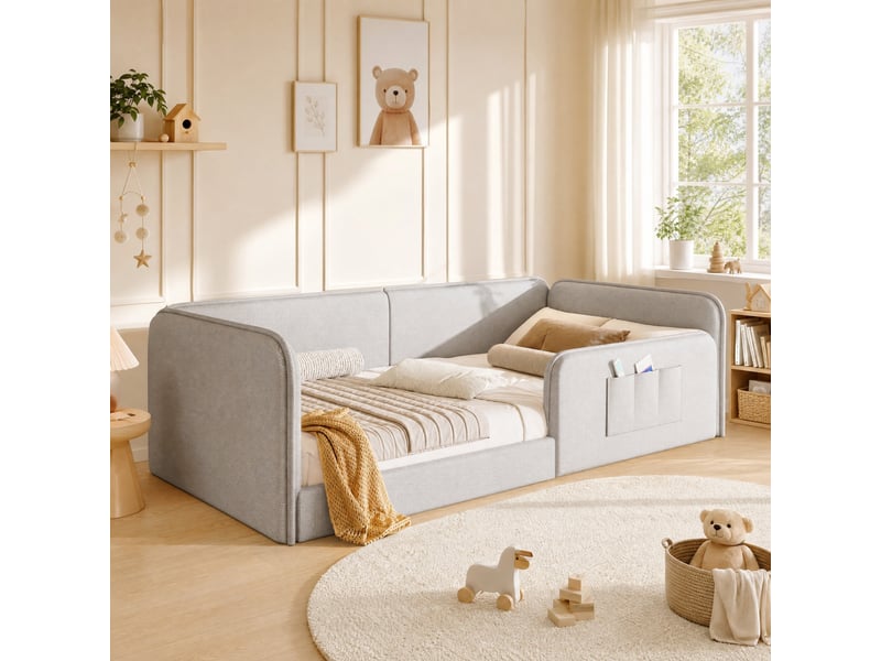  Lit enfant simple 90 × 200 cm avec cadre rembourré et poches latérales, sans matelas, en lin, beige  - Conforama C