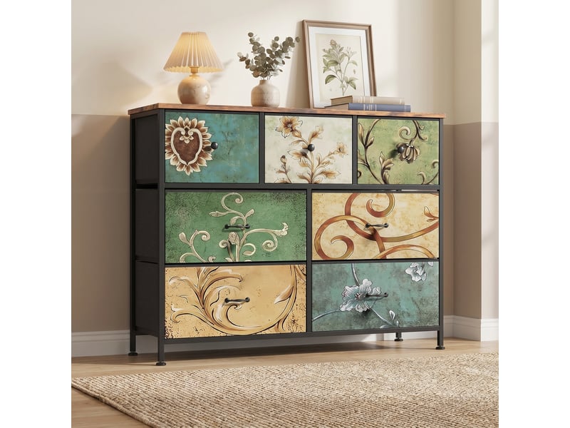  Commode de rangement, 100x30x78 cm, 7 tiroirs en tissu, cadre en métal, style rétro, multicolore  - Conforama B