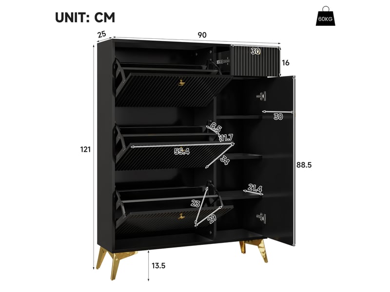  Meuble à chaussures 90x25x121 cm, rangement multifonction, panneaux de particules, mdf et métal noir  - Conforama C