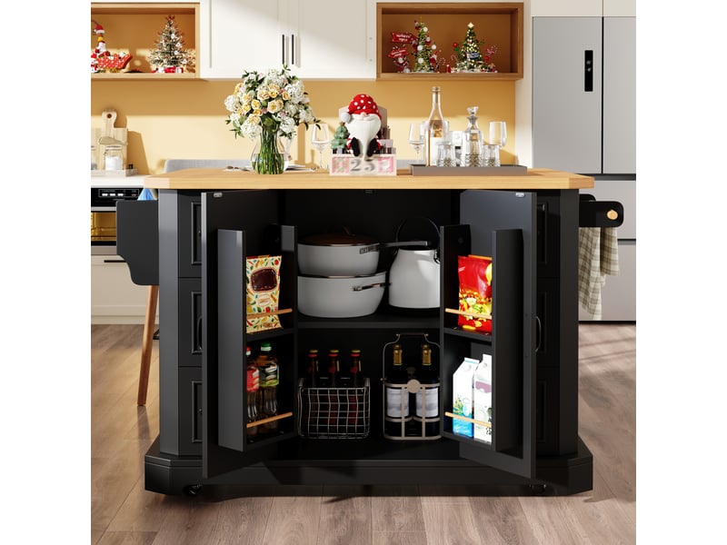  Îlot de cuisine mobile noir, desserte de cuisine avec 2 portes et 6 tiroirs, plateau en bois, 120x45x91 cm  - Conforama W
