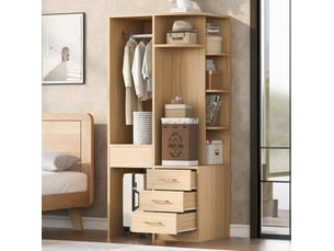 Armoire modenvie de rangement 70 x 55 x 175 cm avec penderie ouverte, étagères et 3 tiroirs, bois clair