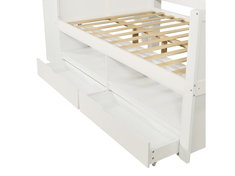 Lit en bois 120x200 cm, lit fonctionnel avec bureau intégré, contour partiel, armoire, 2 tiroirs, niches ouvertes, blanc - Conforama E